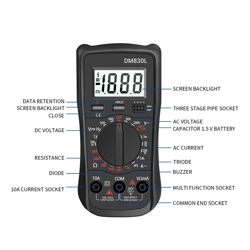 Portable Digital Multimeter Electrician Multi-function Meter High Precision Digital Multimeter with Backlight No Battery