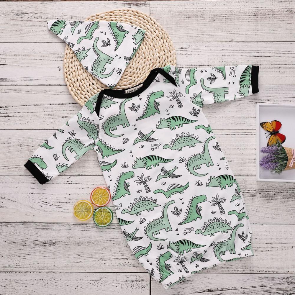 Vtom Pasgeboren Baby Nachtkleding Kinderen Gewaad Baby Baby Jongens Meisjes Cartoon Dinosaurus Baby Winter Slapen Slijtage Hoed 2 Stuks Set