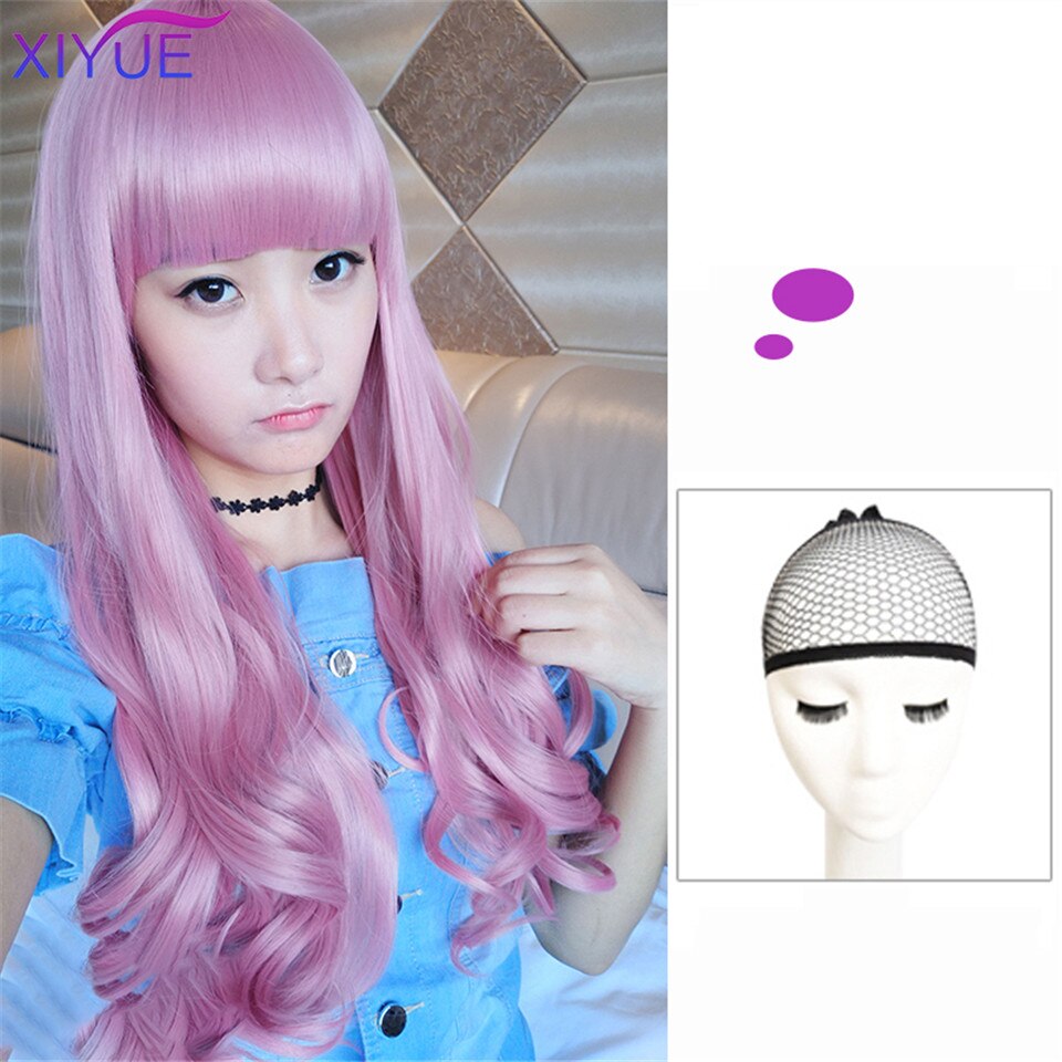 Pelucas largas mixtas de color morado para mujer con flequillo resistentes al calor, pelucas sintéticas rizadas, rosadas, verdes, para mujer, afroamericanas