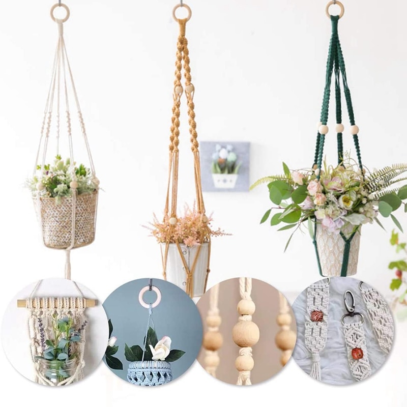 Natural Macrame Cord 3mm Cotton Cord with 8Pcs Wood Ring and 2 Wooden Stick For DIY Craft Plant Hangers Knitting