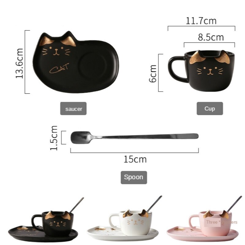 Juego de tazas de café de cerámica con dibujos animados de gato, taza de té con platillo, cuchara, desayuno, leche, café, pan, postre, plato de porcelana para mascotas