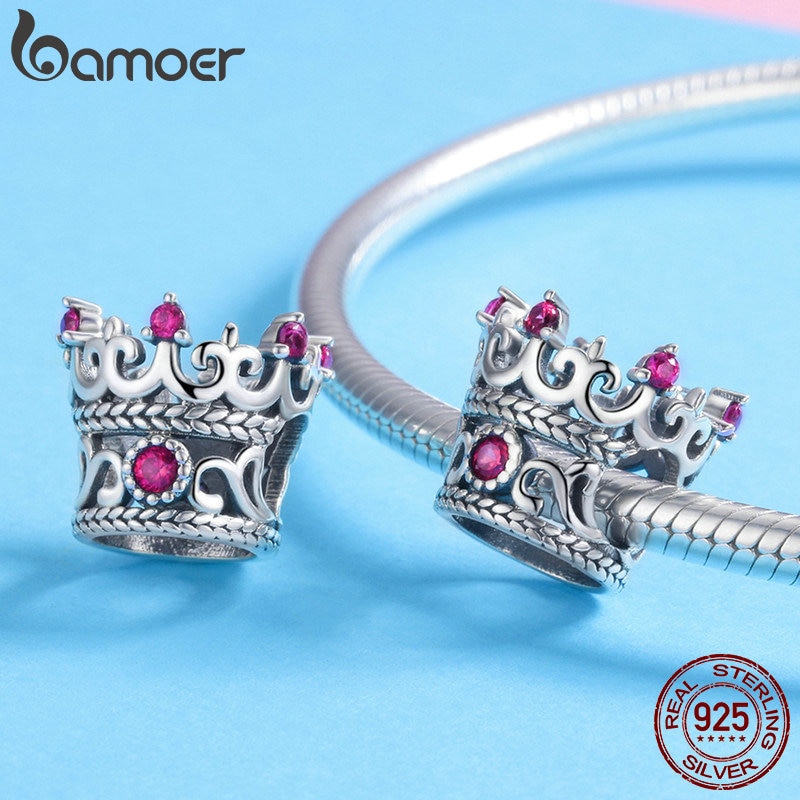 Bamoer na moda 925 prata esterlina rainha coroa rosa cz cristal charme grânulos ajuste pulseiras femininas pulseira diy jóias fazendo scc776