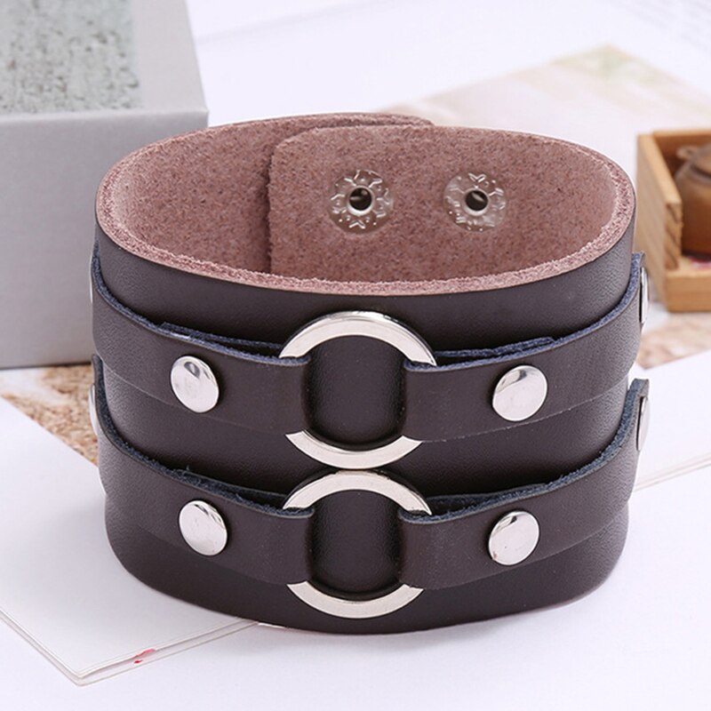 Double Belt Leather Wrist Friendship Big Wide Bracelet For Men Circle Buckle Vintage Punk Bangles Mens Jewelry