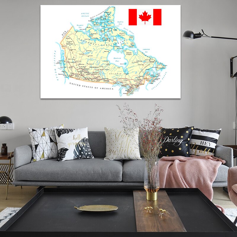 150*100cm Canada Map Travel Route Map Wall Poster Smelless Canvas Painting for Home Decoration World Map In French