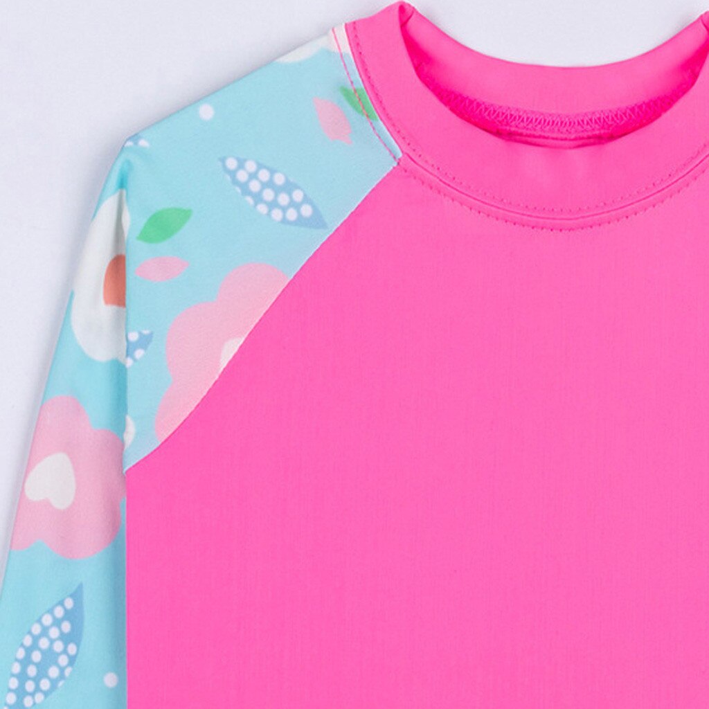 2pc Swimsuit Set for Girls Set Kids Long Sleeve Ruffle Floral Print Patchwork Bikini Beachwear Cute Bathing Children's Swimsuit