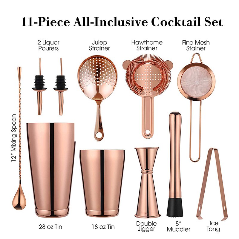 11pcs Cocktails Shakere Bar Set Cocktail Boston Shaker Barware Kit Weighted Shaker Tins Strainer Muddler Ice Tond Jigger Muddler