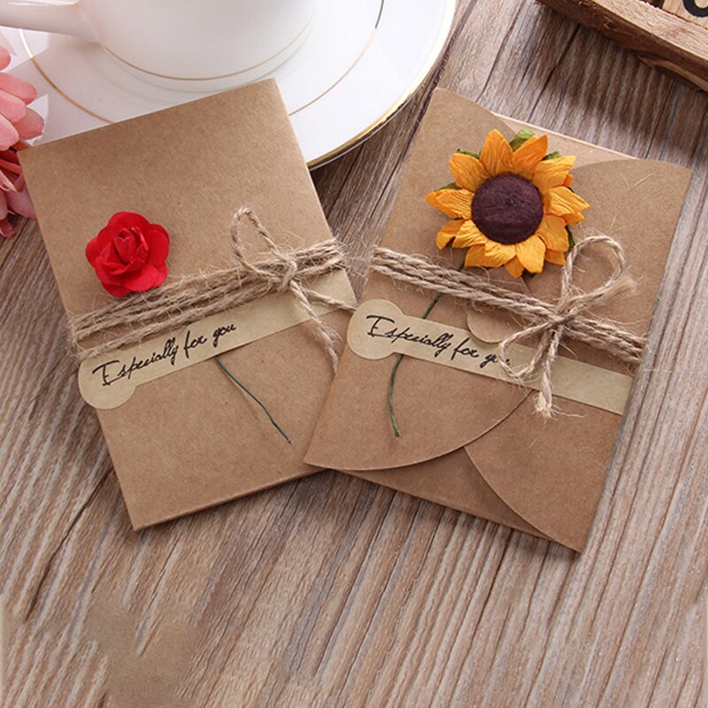 3Pcs Mini Envelope Vintage DIY Kraft Paper Invitation Greeting Card W/ Handmade Dry Flower Wedding Party Invitation Card