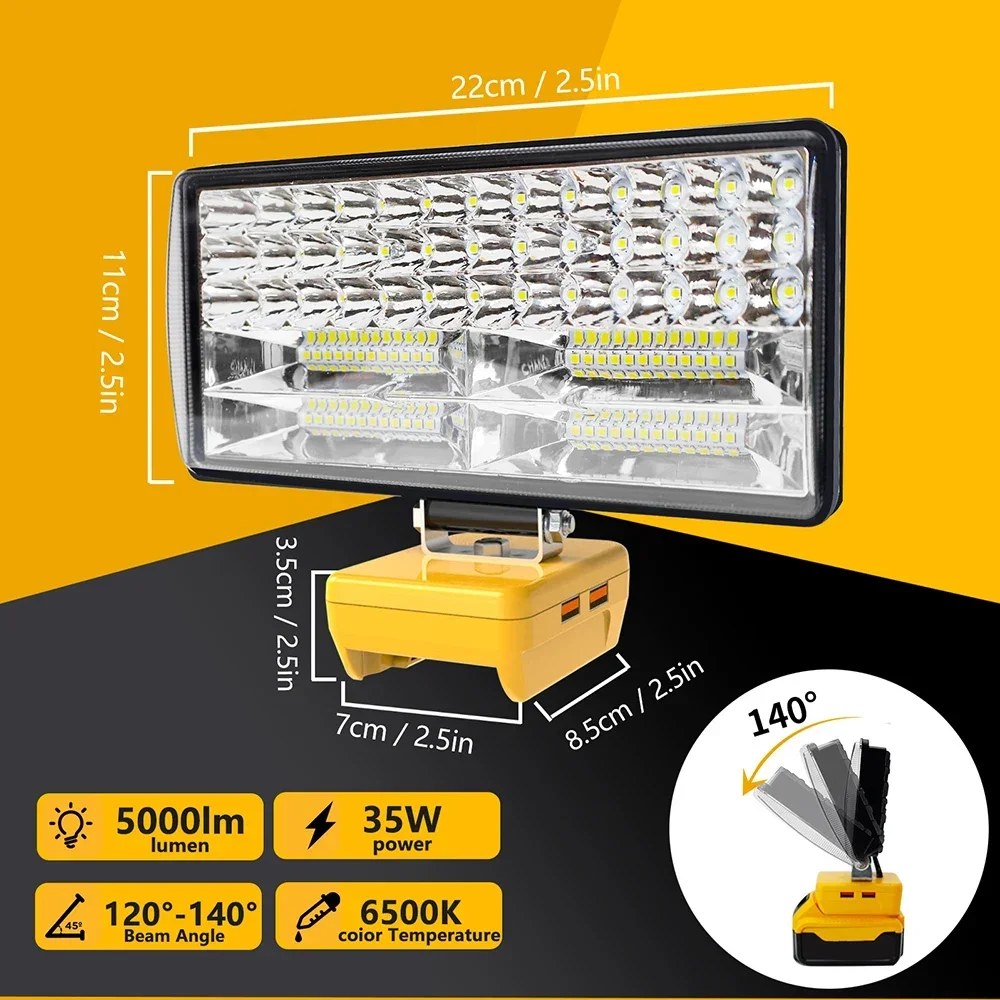 8 tommer led-arbejdslampe til bil, lommelygte, elektrisk lommelygte, spotlight til dewalt dcb 206 dcb 606 18v 20v 60v li-ion-batteri, usb-powerbank