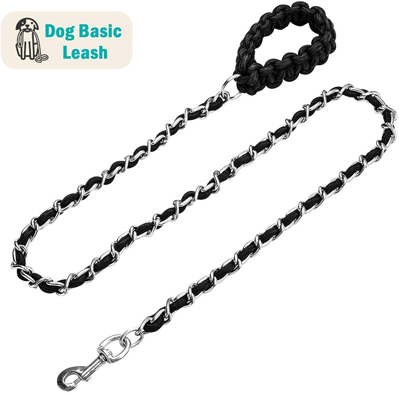 Benepaw Heavy Duty Metal Chain Dog Leash Soft Anti Bite Nylon Braided Handle Pet Lead Training Rope Leads For Medium Big Dogs