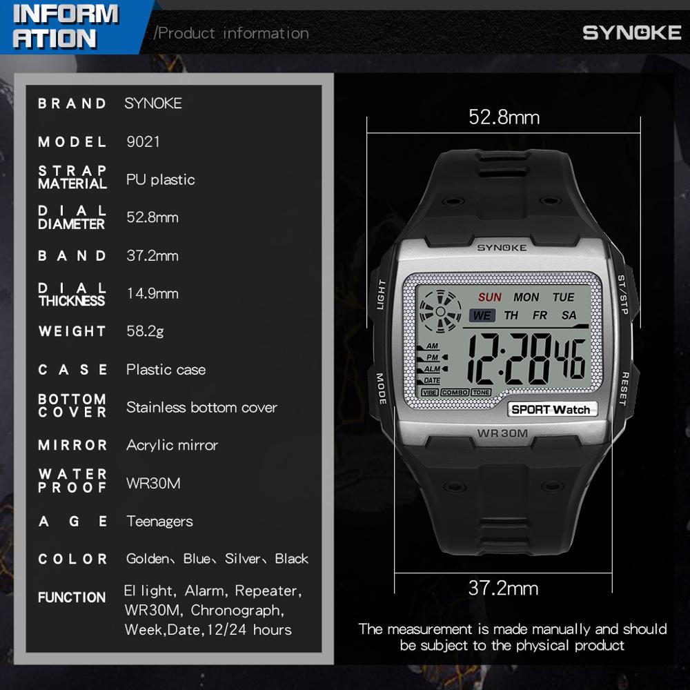 Synoke Mode Mannen Vierkante Digitale Horloge Lichtgevende Buitensporten Waterdicht Man Horloge Led Display Multifunctionele Horloge