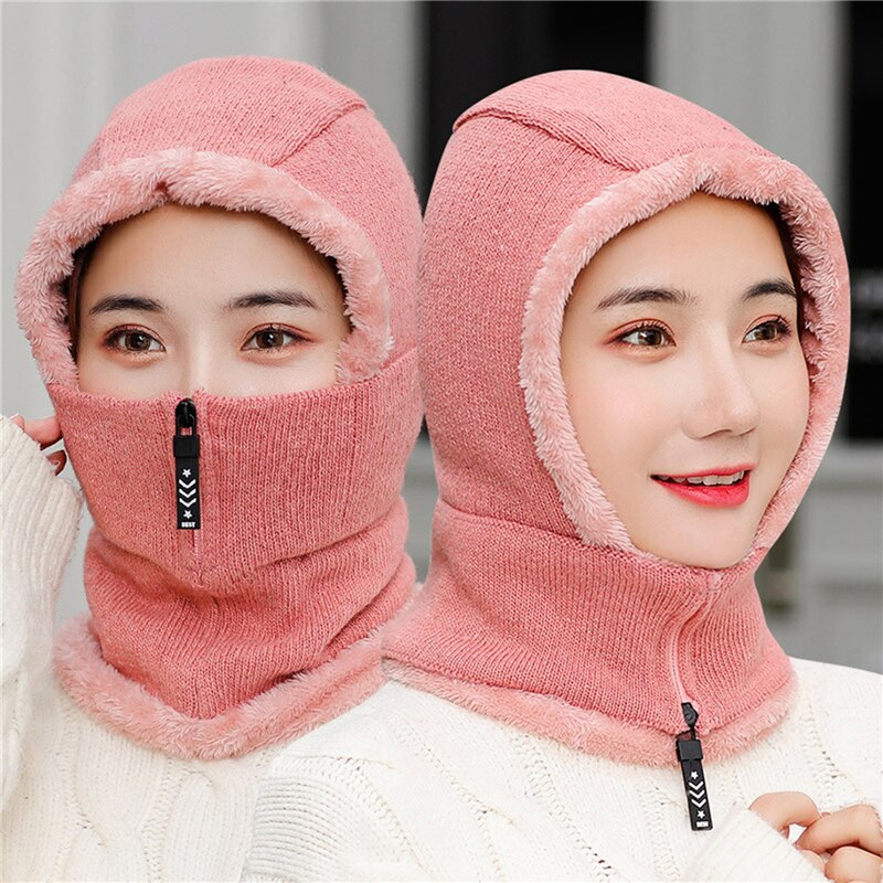 Reißverschluss Frauen Winter Hüte Plüsch Warme Sturmhaube Damen Ring Hütte Mit voll Gesicht Maske Kreative Atmungsaktive Gesichtsmaske
