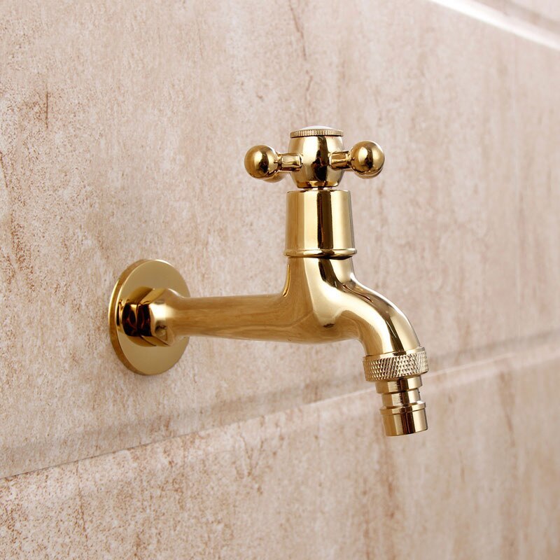 European style all copper long gold washing machine faucet wall type single cold small tap mop pool quickly turn on faucet.