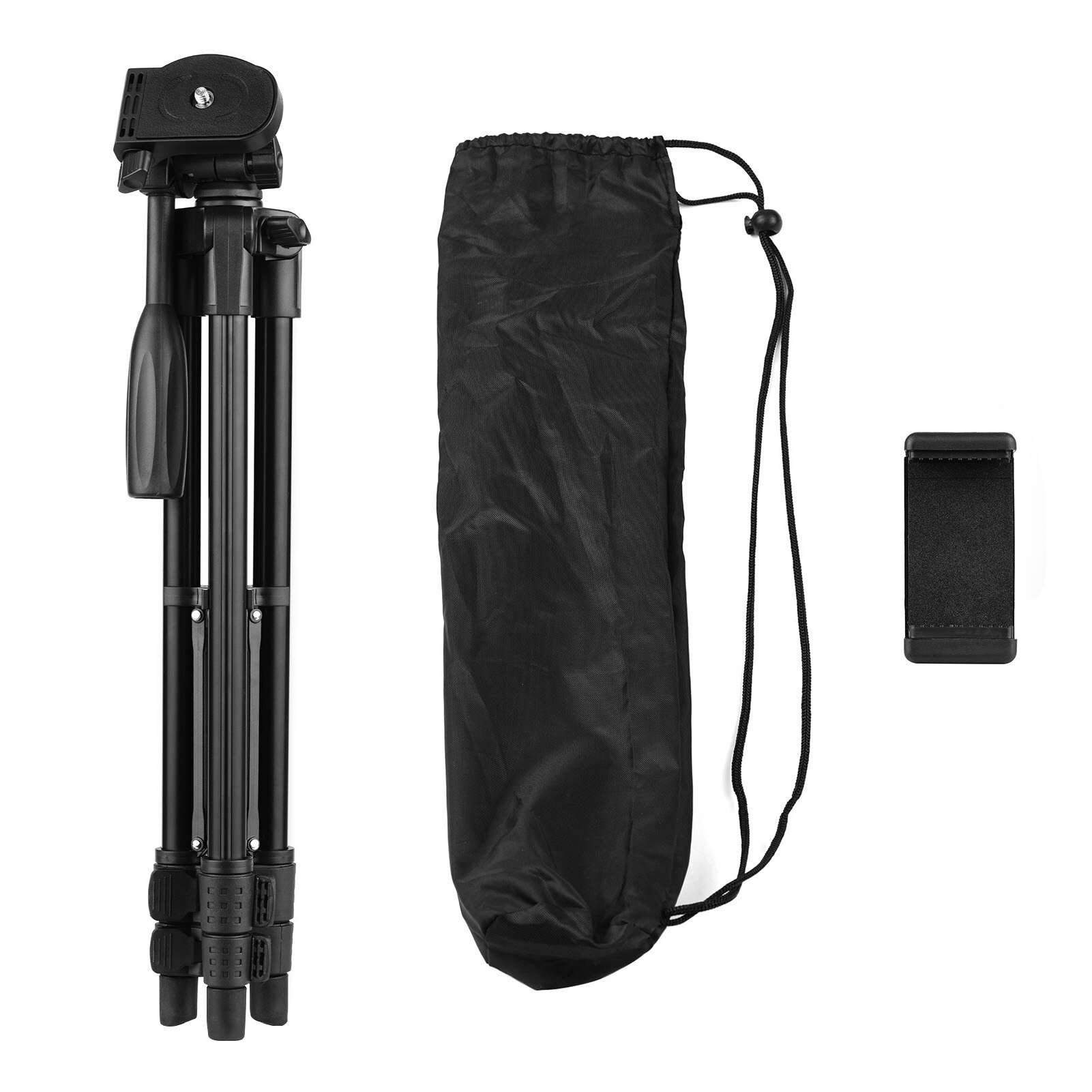 Adjustable Height Tripod Stand Aluminum Alloy 115c 3-Section 3KG Payload 3-Way Head 1/4 Mounting with Bubble Level Phone Clamp