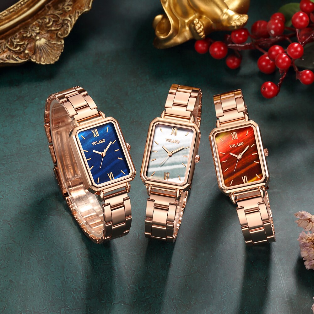 Klasyczna marka zegarek damski ze stali nierdzewnej prostokąt zielone modne zegarki damskie różowo-złoty kwarc bransoletka robić zegarka na rękę
