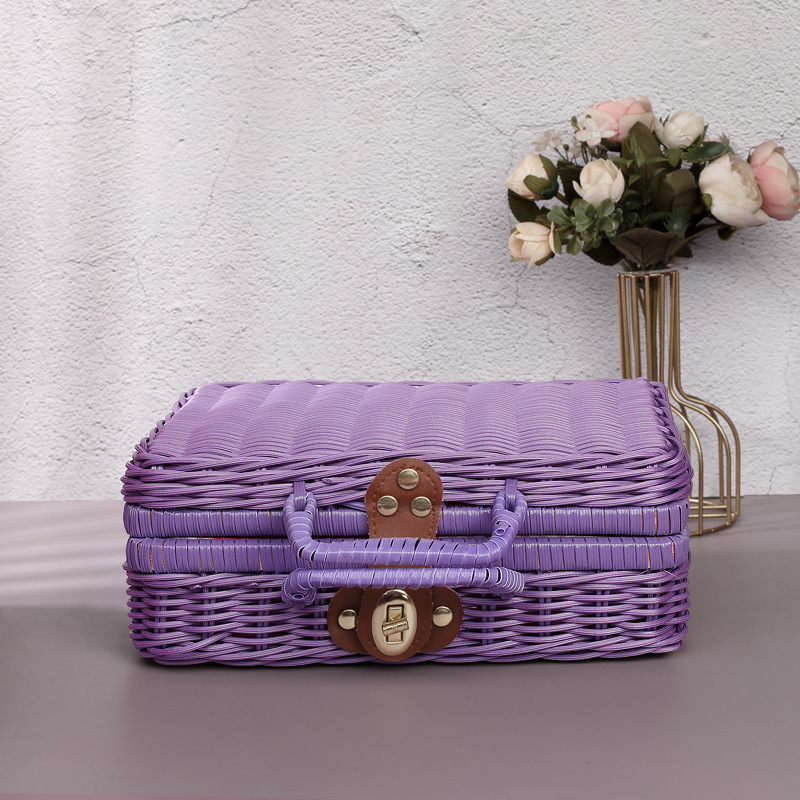 Retro Weave Rattan Storage Box Suitcase Woven Wicker Jewelry Cosmetic Storage Case Picnic Baskets Home Storage Decoration: L / Yellow