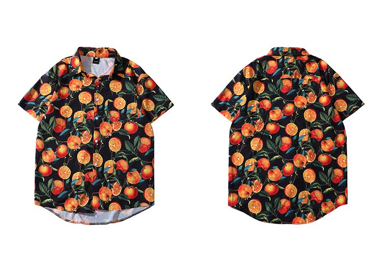 Lenstid mænd hip hop orange print hawaiian strand skjorte harajuku streetwear blomster skjorte kortærmet sommer aloha skjorter top: Asiatiske l