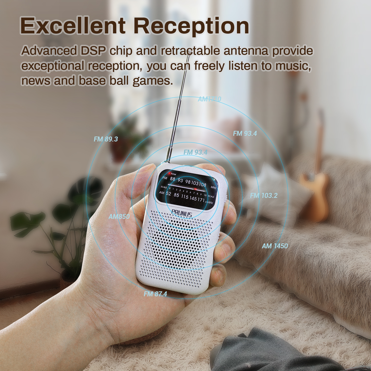 PRUNUS Pocket Radios receiver Portable AM FM Mini Walkman 2 AAA Battery Radio with Headphone Speaker for Walking Hiking Camping