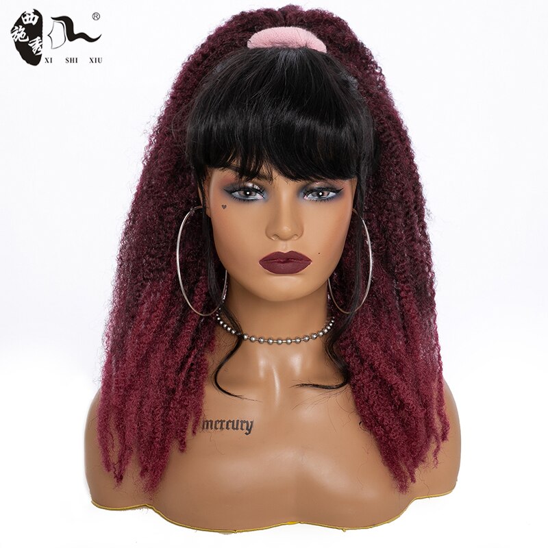 XISHIXIUHAIR 18inch Afro Kinky Curly Ponytail Marley Braids Twist Hairpiece Frizzy Synthetic Crochet Hair Extensions: T1B/Burgundy