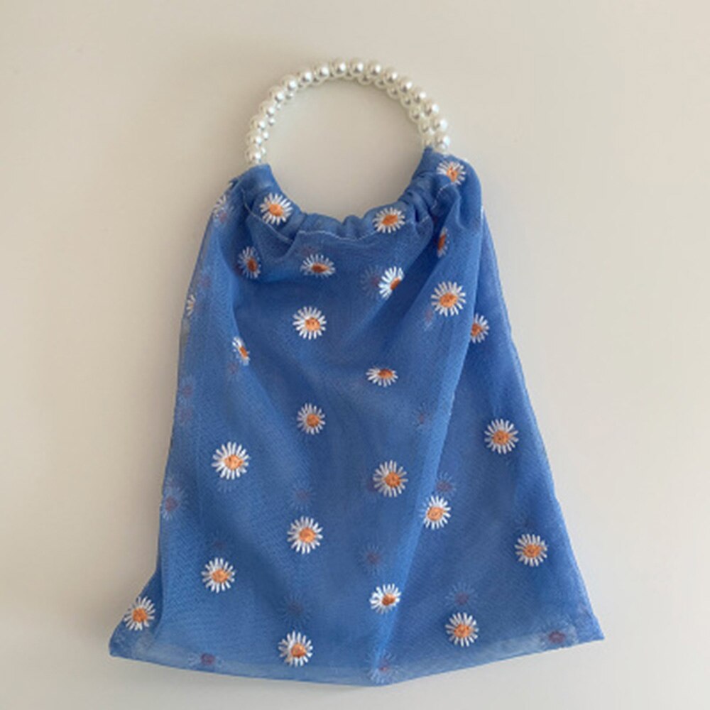 Nueva bolsa de tela transparente para mujer, bolsa para compras cómoda con pequeñas margaritas y apliques de malla, bolsa de tela bordada, bolsa ecológica: Blue