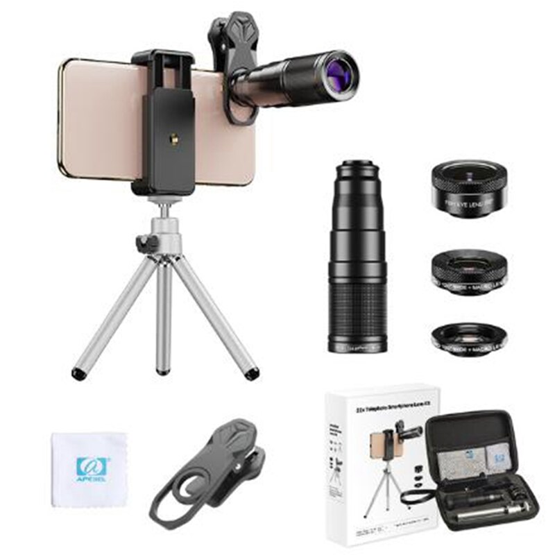 Apexel telefooncamera lens kit 4 in 1 telezoom 22x lens telescoop monoculair groothoek macro fisheye lens statief