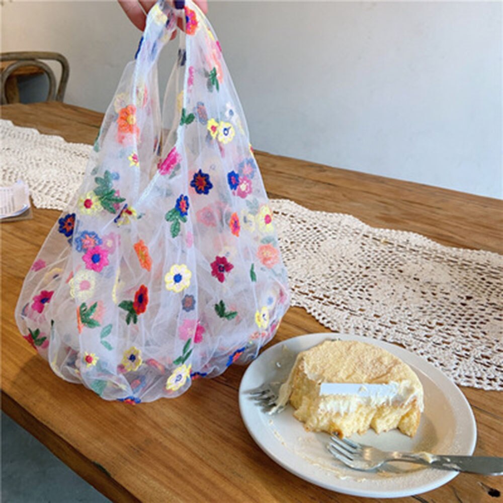 Women Small Transparent Tote Mesh Cloth Bag Daisy Embroidery Handbag Eco Flower Art Mesh Bag Purse For Girls: colorful