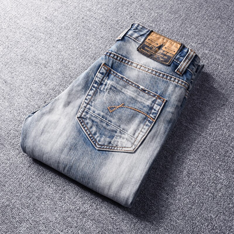 Italiaanse Stijl Mode Mannen Jeans Borduurwerk Ripped Denim Broek Lichtblauw Patchwork Hip Hop Lange Broek