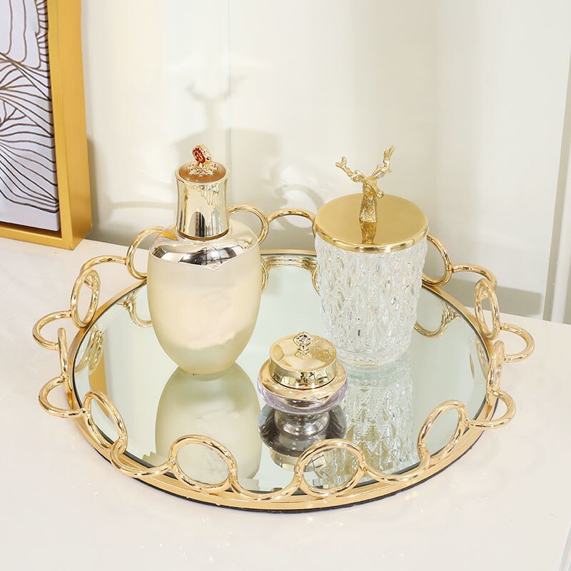 Golden Slag Opbergvak Nordic Glas Spiegel Cosmetische Plaat Desktop Sieraden Display Trays Kaptafel Decoratie Ornamenten