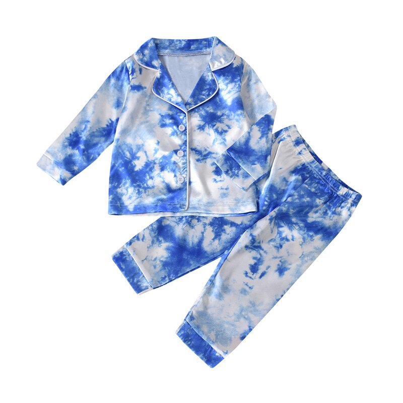 Børn dreng pige satin pyjamas sæt tie dye print revers lange ærmer knapper skjorte top+bukser 2 stk baby nattøj jakkesæt: Blå / 3t