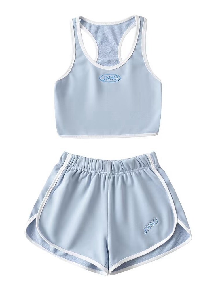 Tangada Tracksuits Two Piece Set White Tank and Shorts 2T83: M / SKY BLUE