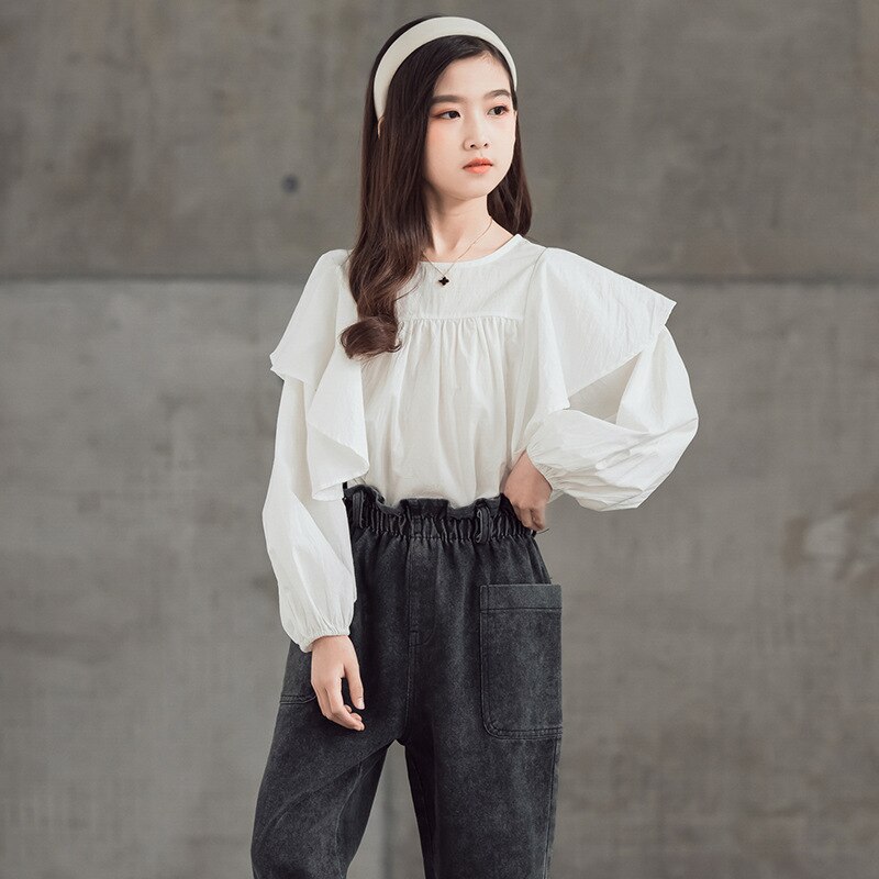 Camisas blancas de manga larga para adolescentes, blusa holgada de algodón liso con volantes, Tops coreanos para niños, ropa para adolescentes: 3 años
