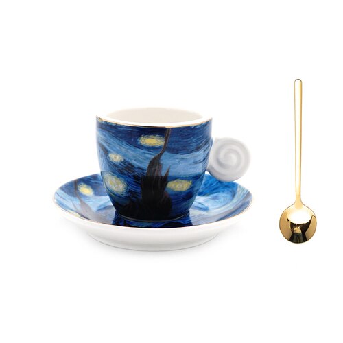 90/220/300/400ML Latte Cappuccino Espresso Mugs Coffe Mugs Set with Spoon Saucer Milk Cup Mug Van Gogh Oil Painting Style Cups: 90ml with spoon
