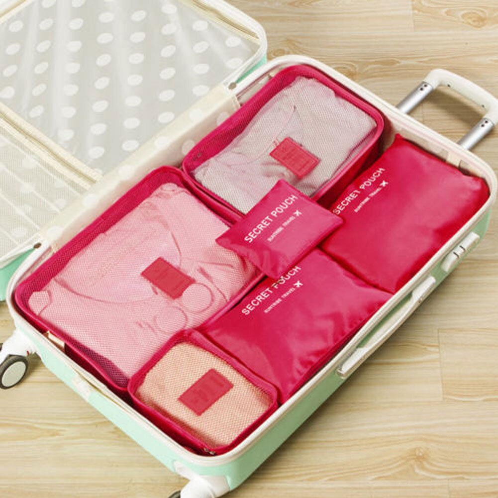 6 Stuks Reizen Kleding Opslag Zakken Waterdichte Draagbare Bagage Organizer Pouch Verpakking Kubus 8 Kleuren: Rose Red