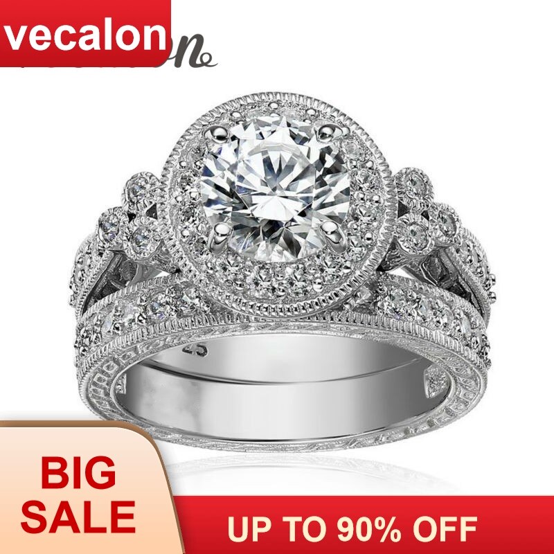 Vecalon Antike Schmuck Blume Frauen Ring Runde schneiden 2ct AAAAA Zirkon Cz 925 Sterling Silber Weibliche hochzeit Band Ring einstellen