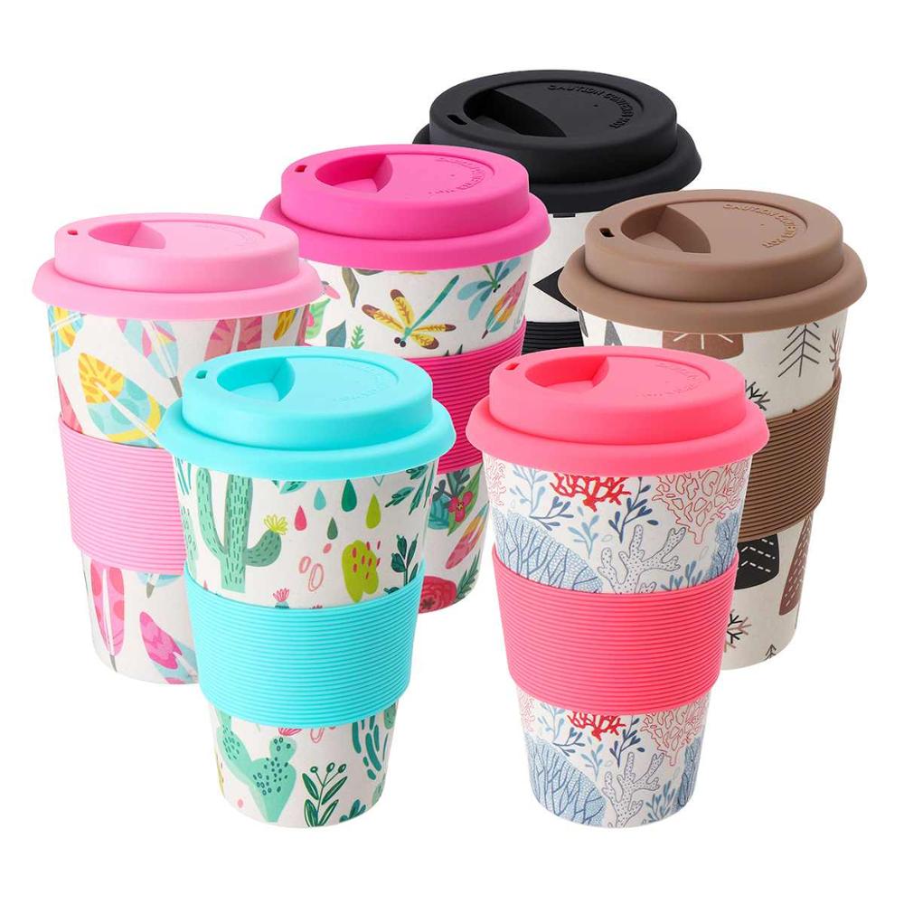 400ml Reusable Bamboo Fibre Coffee Cup Coffee Tea Mug Wheat Straw Travel with Silicone Lid