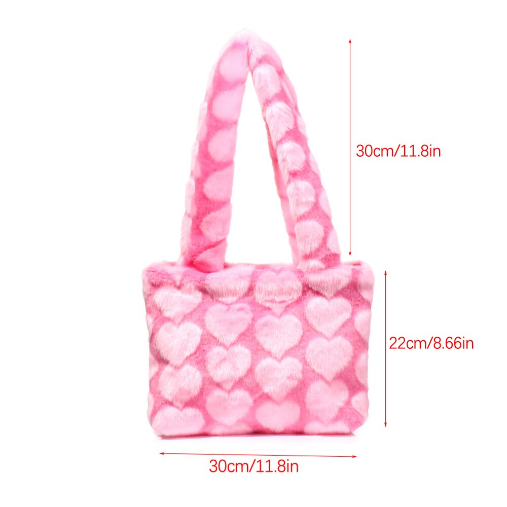 Bolso de hombro esponjoso de alta capacidad para mujer, de leopardo estampado de cebra, bolsas para las axilas con patrón de corazón de amor, bolsas de mano de piel cálida de felpa suave