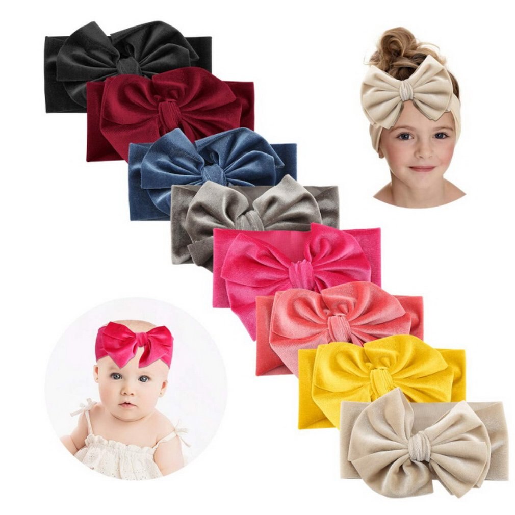 8 pièces/ensemble bandeau pour enfants avec nœud en velours doré Nylon extensible en velours étirement sans décorations de déformation