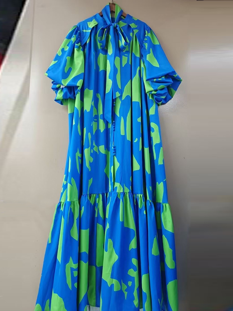 Vestido holgado informal con estampado geométrico de manga corta y burbuja de un solo pecho , vestido con cordones y temperamento para mujer de verano 2025: XXL / Azul cielo