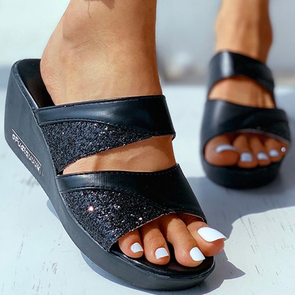 BONJOMARISA dames Patchwork paillettes confortables Med babouches femmes slip-on été chaussures de plage femme