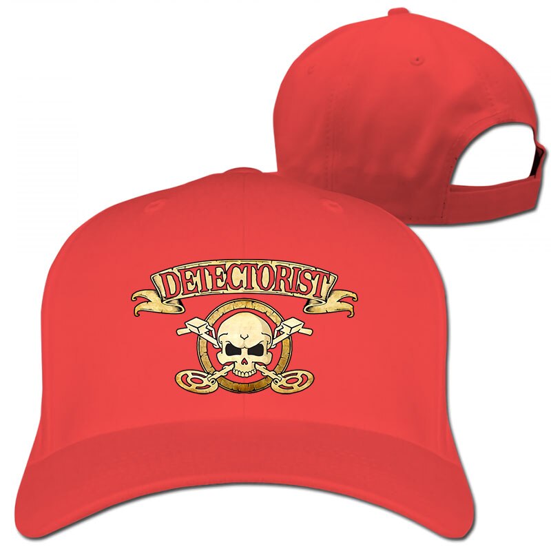 Men detectorist skull & crossbones Metal detector Treasure hunter 2 sided cotton badge Baseball cap men women Trucker Hats: 1-Red