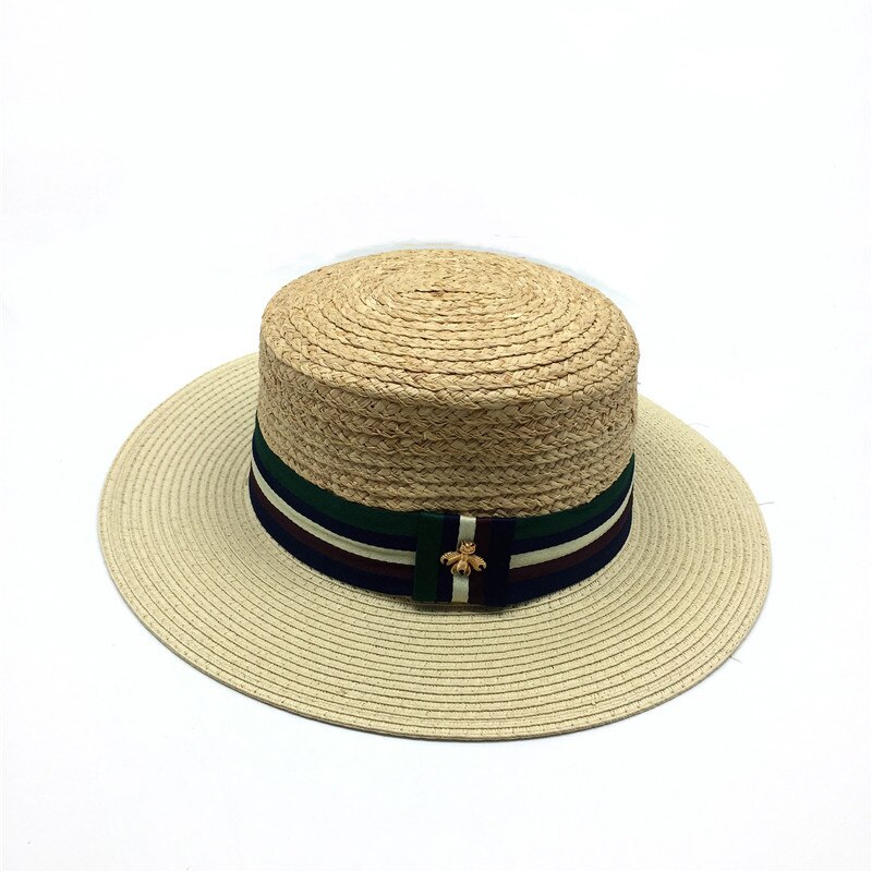 Meisjes Natuurlijke Raffia Floppy Strooien Hoed Gestreepte Band Platte Rand Zomer Schipperhoed Vrouwen Raffia Schipper Strand Strooien Hoed