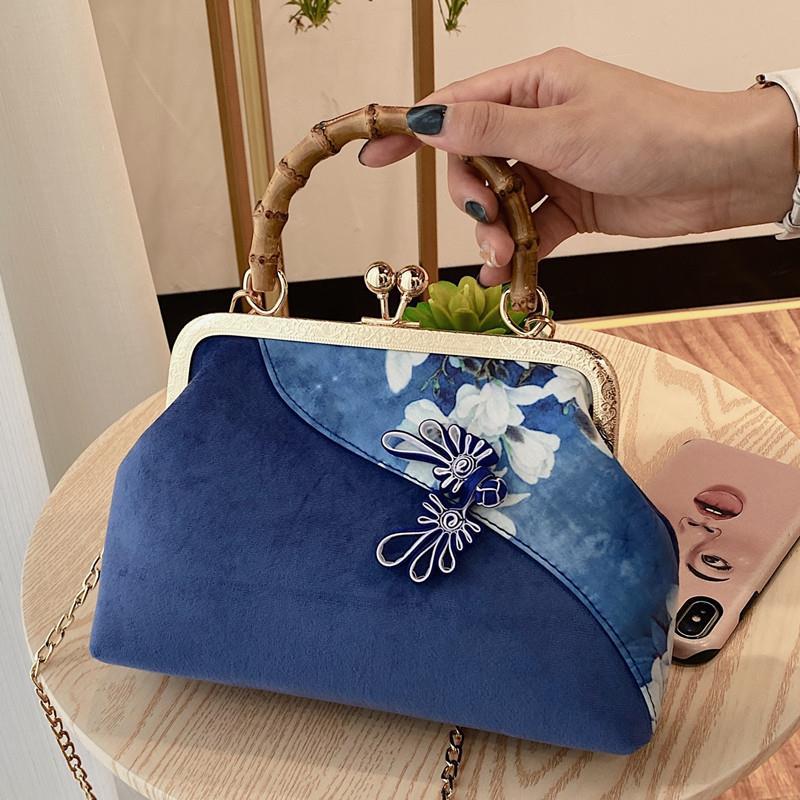 Sperren Hülse Jahrgang Kette frauen Handtaschen Geldbörsen Bambus Holz Hand Taschen Tasche Frauen Schulter Umhängetaschen: Frauen Tasche Blau