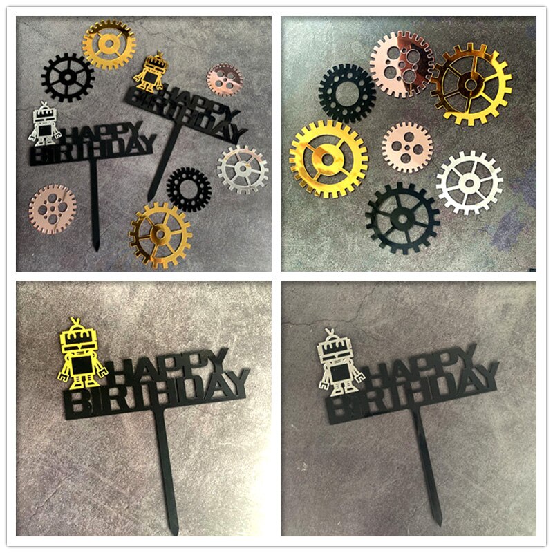Cute style birthday robot and gear theme Cake Inserted Card DIY Acrylic Cake Toppers party  dessert table cake decoration