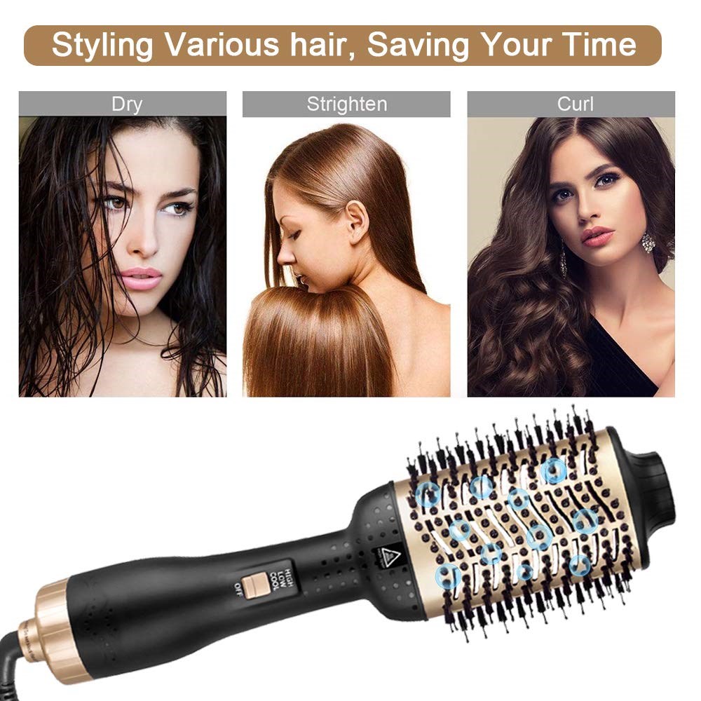 One Step Hair Dryer & Volumizer Straightener Curler Brush Gold Air Brush Negative Ions Rotary Blower Tangle Detangling Comb
