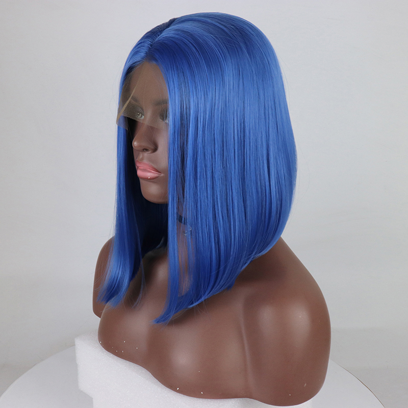 Bob azul frente do laço cabelo sintético em linha reta curto peruca do laço pré arrancado com o cabelo do bebê para preto