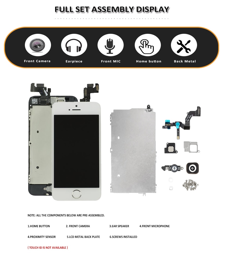 AAA Display For iPhone 5 5S 5C SE LCD Screen Full Set Assembly Replacement 3D Touch 100% Complete +Front Camera Home Button