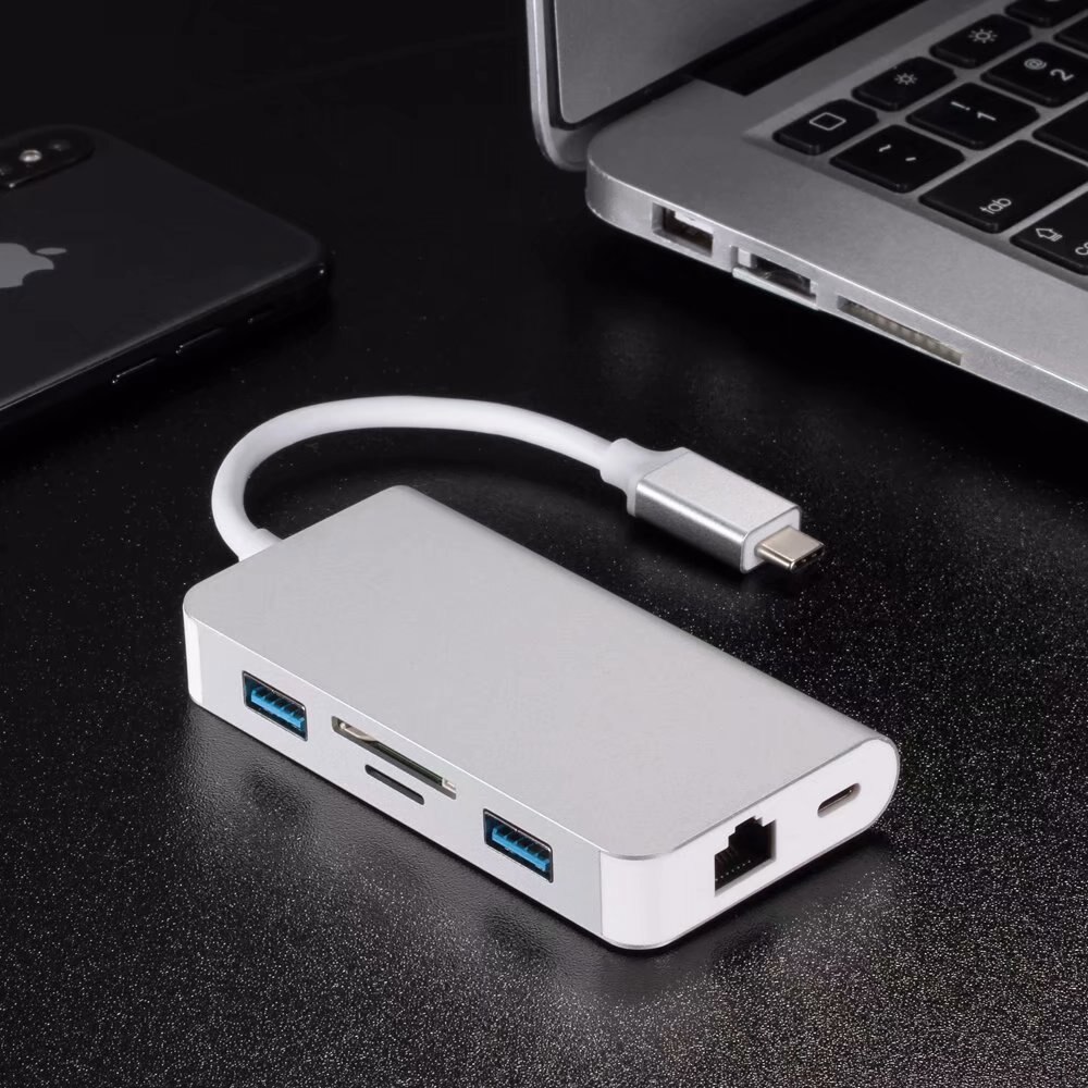 6 em RJ45 1-Tipo C Alumínio Laptop Docking Station USB C para Tipo de Leitor de Cartão USB 3.0 TF C DP Adaptador Para MacBook Docking