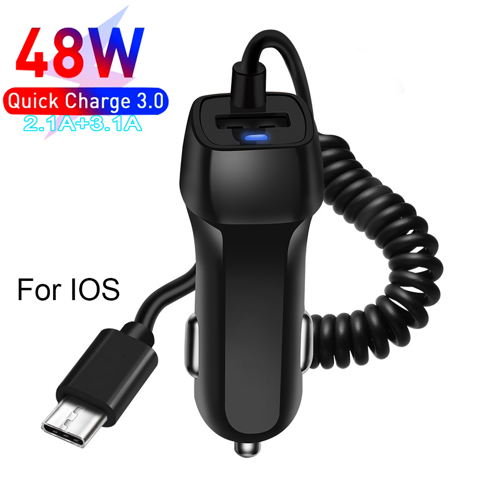 48W Usb Snelle Autolader Stretch Kabel Adapter Voor IPhone13 12 11 Pro Max Samsung Galaxy Note20 Android Type-C Auto-oplader: Black IP