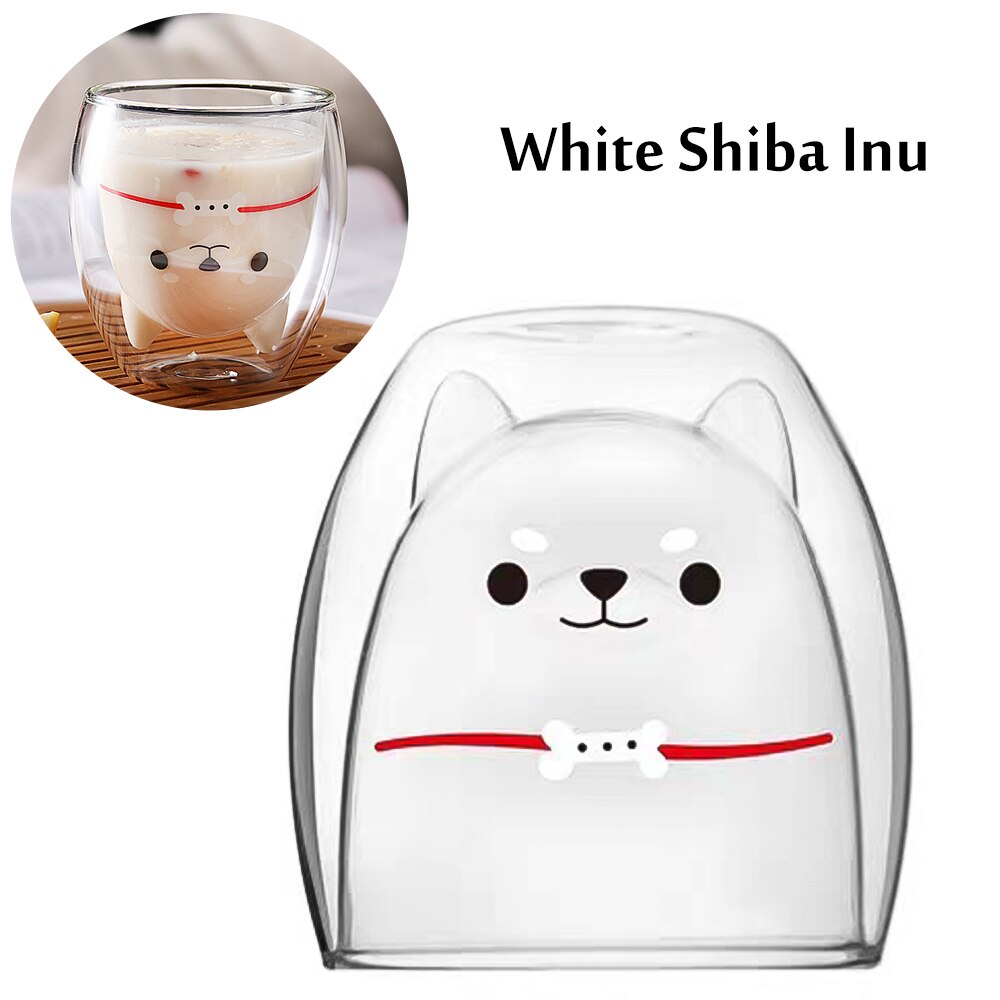 3D 2-Tier Double Wall Glass Cup Coffee Mug Panda Shiba Inu Water Bottle Heat-Resistant Tea Cup Milk Lemon Juice Cup Drinkware: Clear Shiba Inu