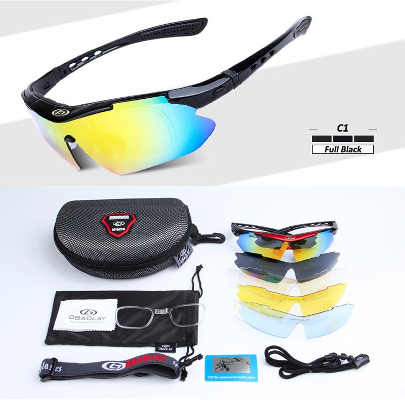 OBAOLAY Gepolariseerde Sport Mannen Zonnebril Road Fietsen Glazen Mountainbike Fiets Rijden Bescherming Goggles Eyewear 5 Lens: C1 Full Black