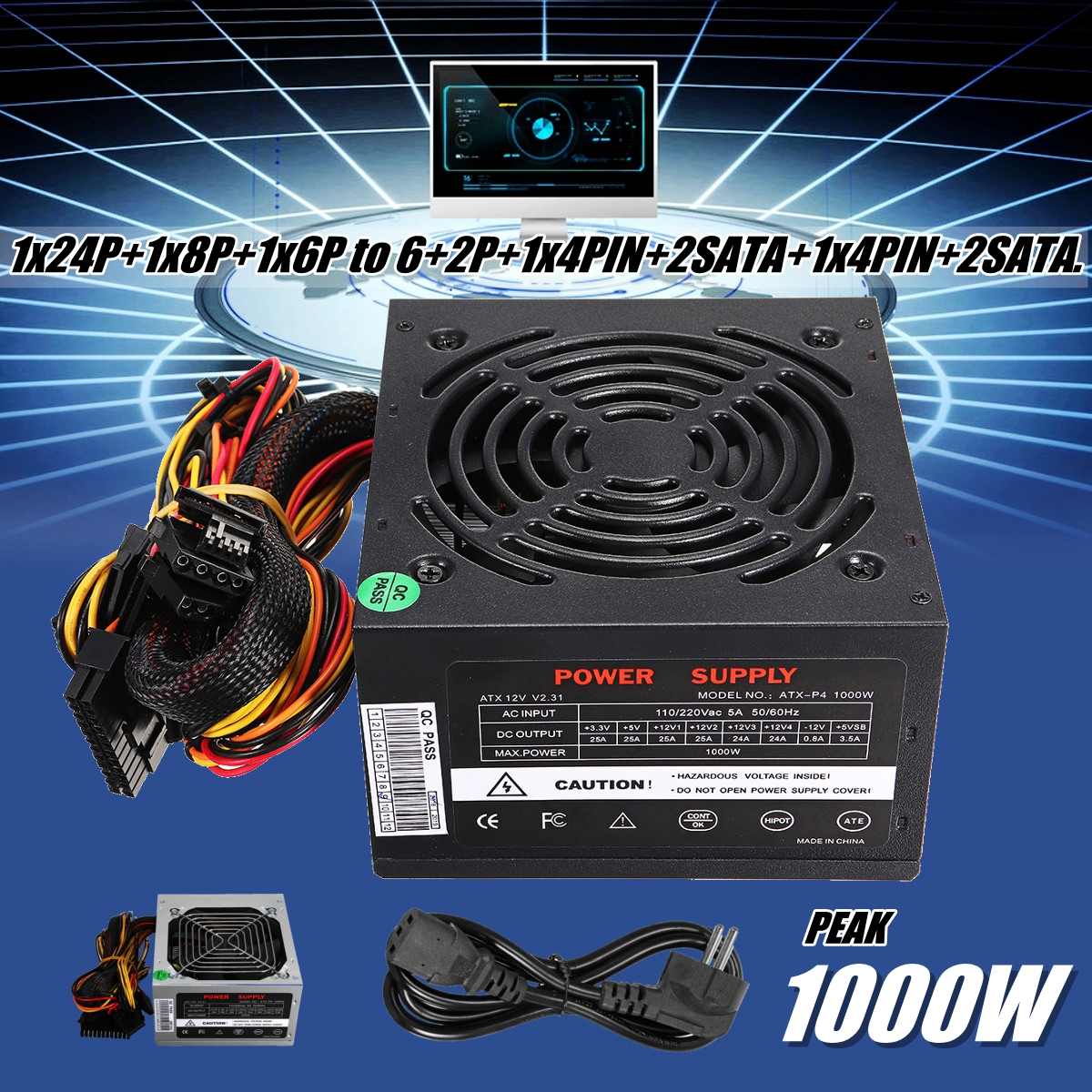 Pfc 1000W Voeding Psu Stille Ventilator Atx 24pin 12V Pc Computer Sata Gaming Pc Voeding Voor intel Amd Computer Zwart